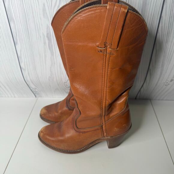 VTG 70s Dexter Brown Leather Stacked Heel Western Boots Size 6 USA Distressed - Picture 3 of 10
